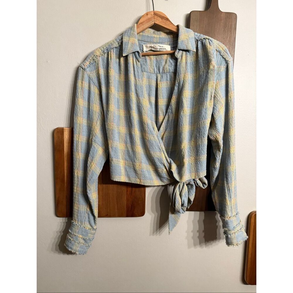 Free People Blue Yellow Long Sleeve Running Wild Plaid Wrap Top Size XS‎